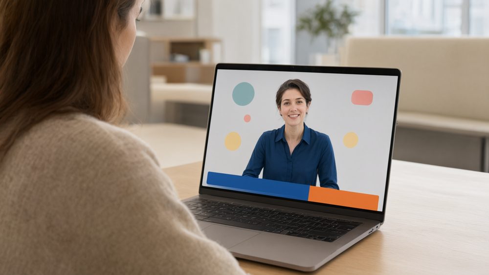 El avatar del experto explicando un curso en un computador