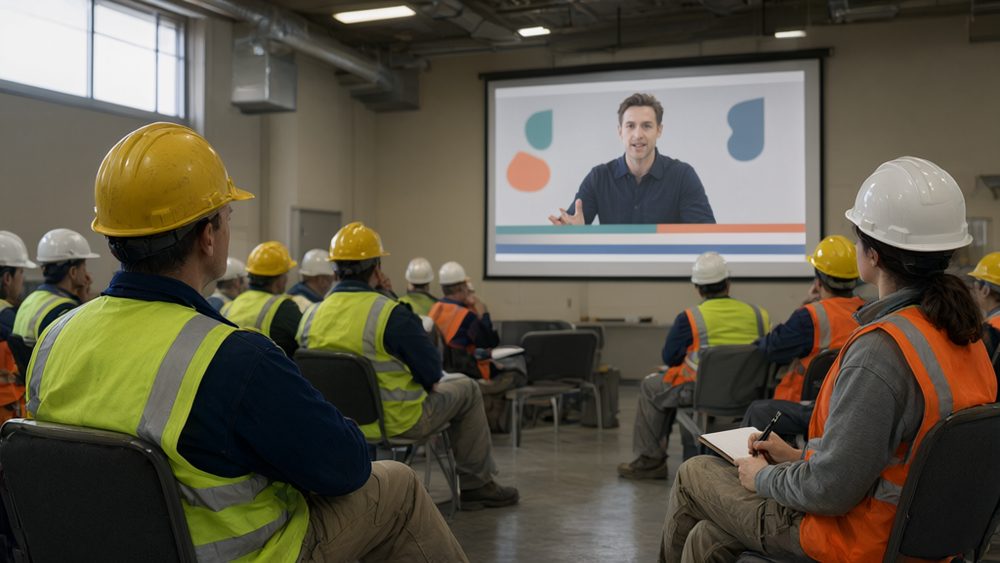 Sala de inducción con el avatar del experto proyectado en pantalla